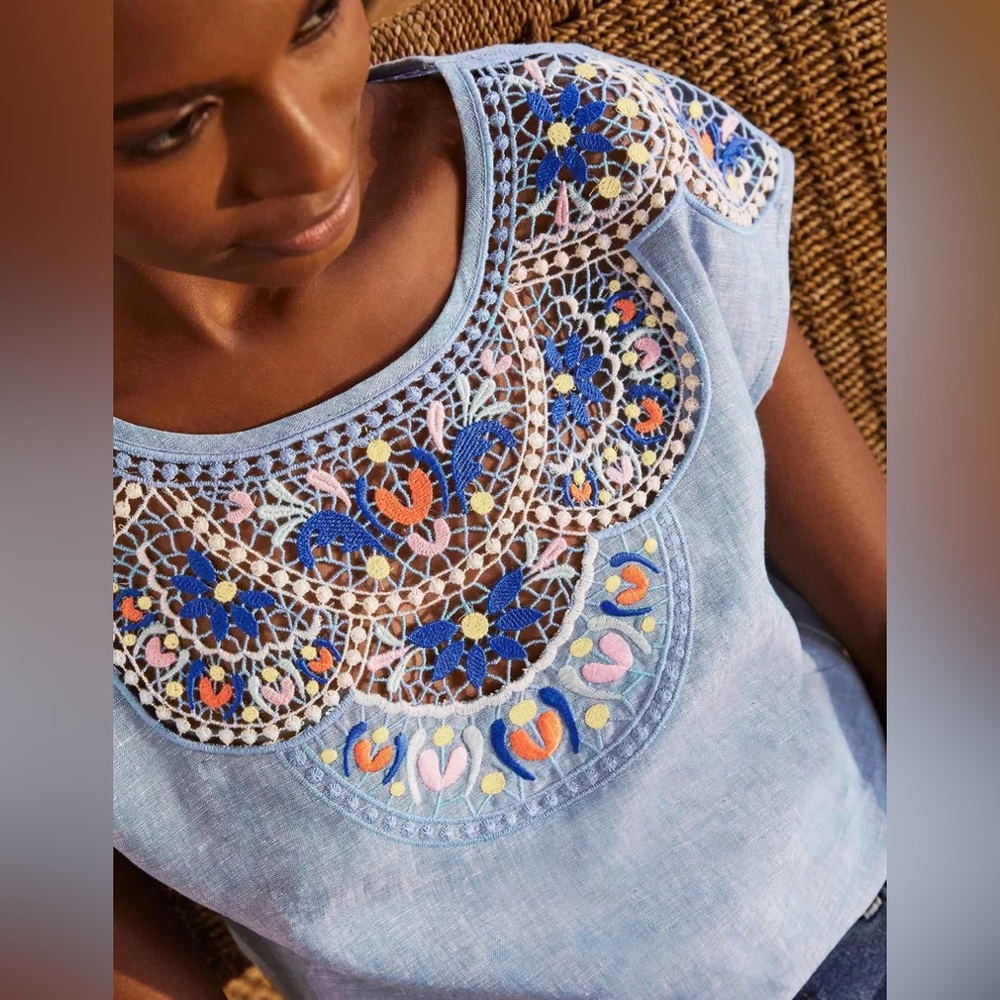 Boden Fleur Embroidered 100% Linen Top Size 6